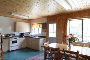 Charming pine cottage interior with woodsy decor and log-style furniture.