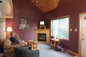 Nature-inspired interior with knotty pine walls and cozy furnishings.