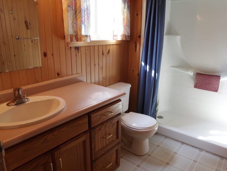 Bathroom of wood-panelled cottage, showing sink, toilet, and shower