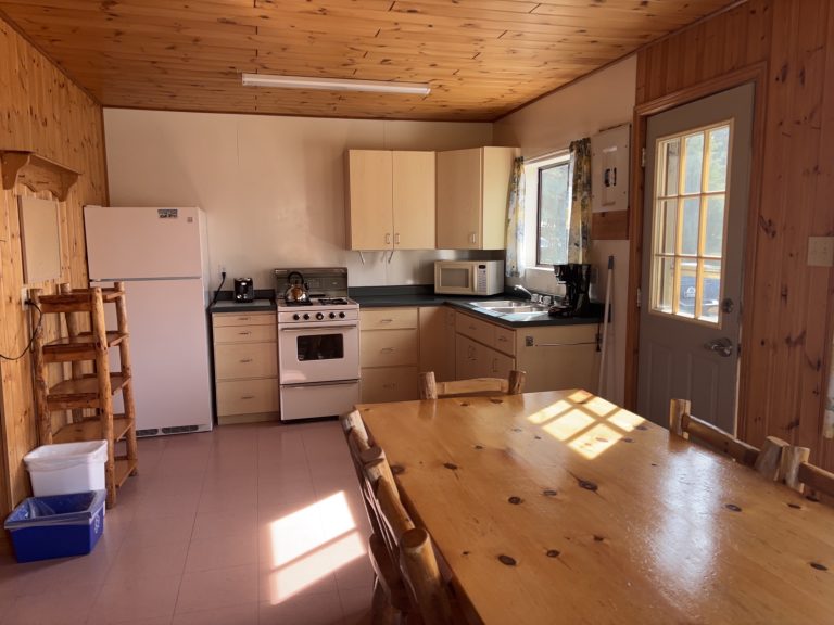 Interior of wood-panelled cottage, looking down kitchen table towards kitchen with fridge, stove, microwave, and coffee maker
