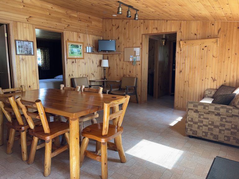 Interior of wood-panelled cottage, with table seating for six, couch, and small TV