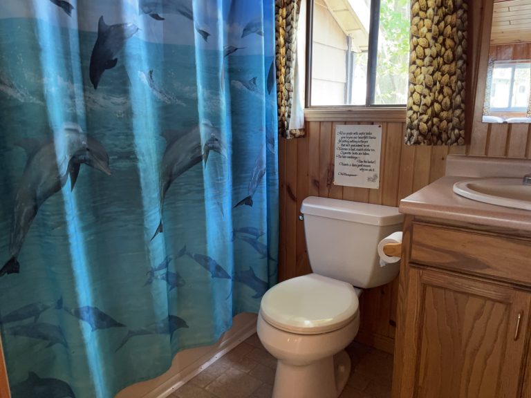 Interior of a wood-panelled cottage bathroom, showing shower, toilet, and edge of sink