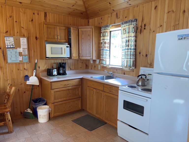 Interior of wood-panelled cottage, showing kitchen with stove, fridge, microwave, sink, and coffee maker
